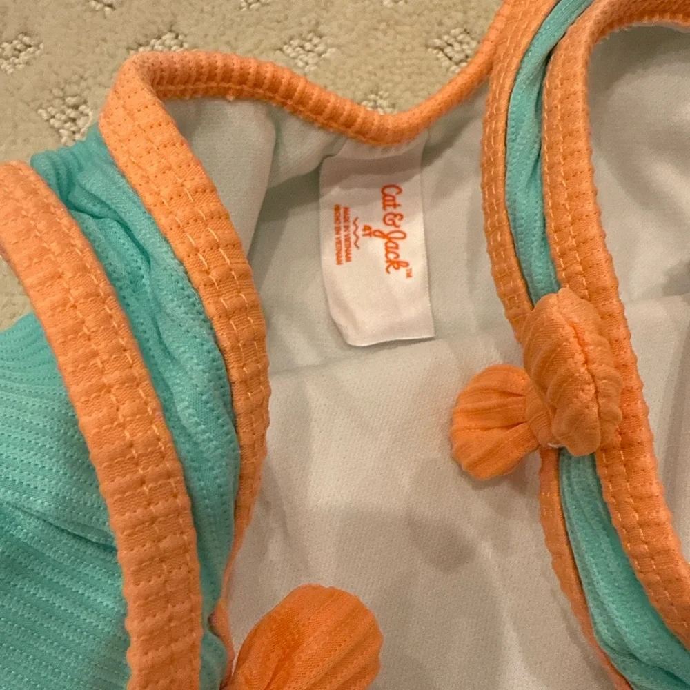 Cat & Jack Girls Swimsuit Ribbed Teal Orange Tie Strap One Piece